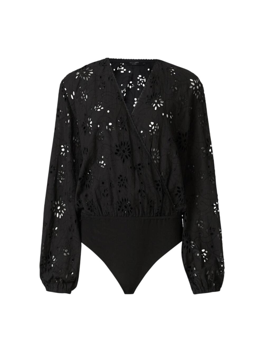AllSaints Amara Broderie Bodysuit Black V-Neck Wrap Womens Size 10 Whimsygoth